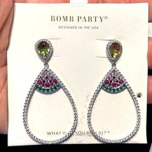Bomb Party Summer Time Pink Crystal Pierced 2.5 Inch Earrings Original Card